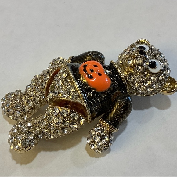 Gold-Tone Crystal Pumpkin Bear Brooch Pin - Picture 7 of 11